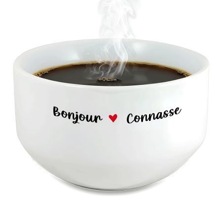 Bol petit déjeuner humoristique Bonjour Connasse - Céramique blanche brillante - 600 ml, micro-ondes et lave-vaisselle, design f