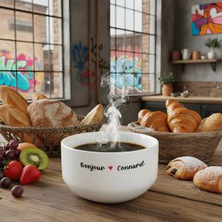 Bol petit déjeuner humoristique Bonjour Connard - céramique blanche solide - 600 ml, micro-ondes et lave-vaisselle, design franç