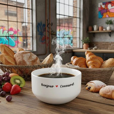 Bol petit déjeuner humoristique Bonjour Connard - céramique blanche solide - 600 ml, micro-ondes et lave-vaisselle, design franç