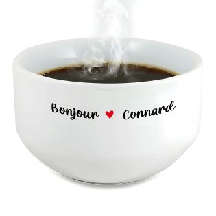 Bol petit déjeuner humoristique Bonjour Connard - céramique blanche solide - 600 ml, micro-ondes et lave-vaisselle, design franç