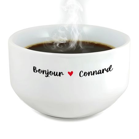 Bol petit déjeuner humoristique Bonjour Connard - céramique blanche solide - 600 ml, micro-ondes et lave-vaisselle, design franç