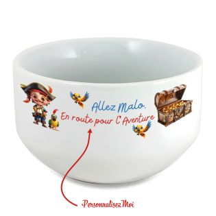 Bol petit-déjeuner enfant personnalisé prénom Pirate - Bol céramique blanche - 600 ml. Compatible micro-ondes et lave-vaisselle