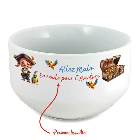 Bol petit-déjeuner enfant personnalisé prénom Pirate - Bol céramique blanche - 600 ml. Compatible micro-ondes et lave-vaisselle