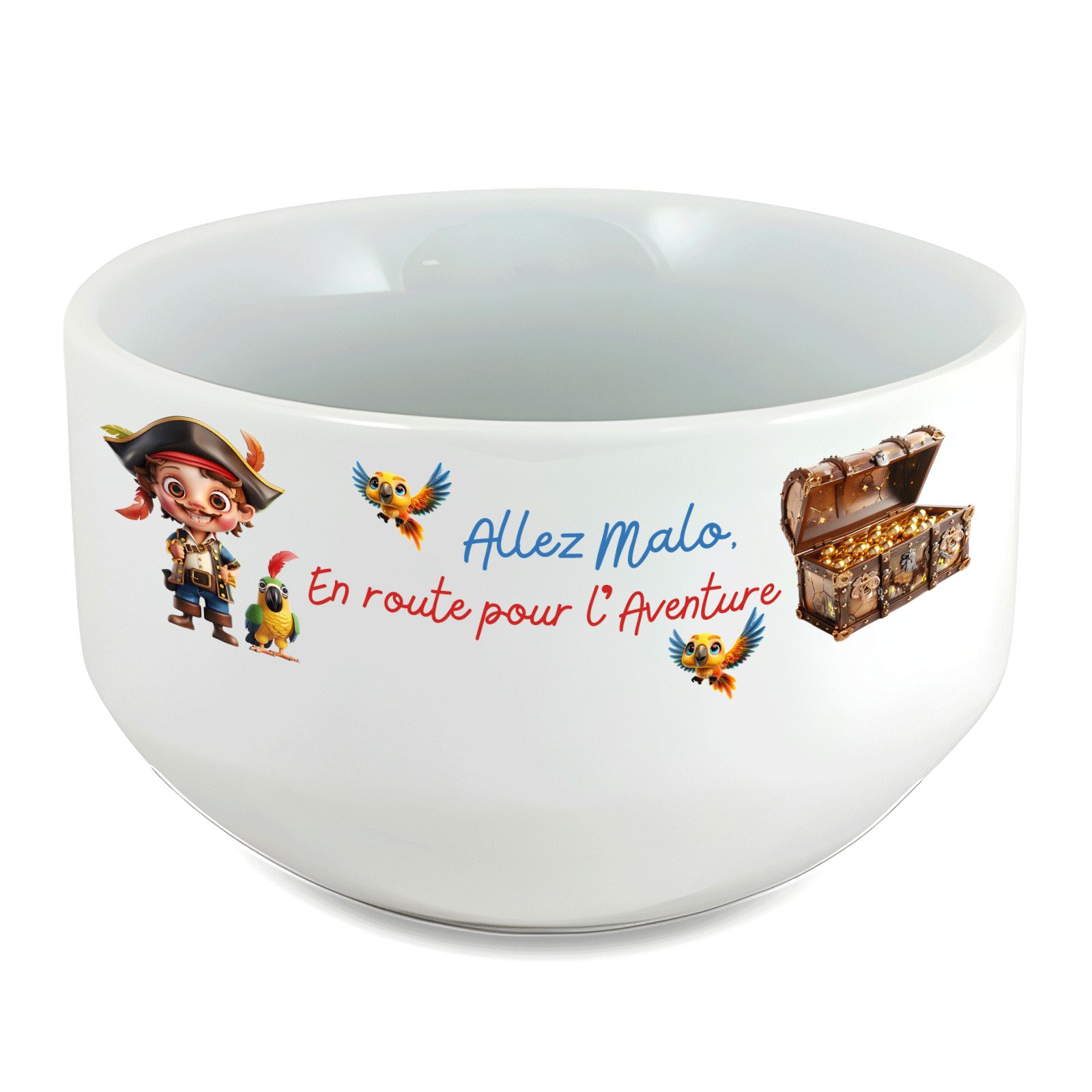 Bol petit-déjeuner enfant personnalisé prénom Pirate - Bol céramique blanche - 600 ml. Compatible micro-ondes et lave-vaisselle