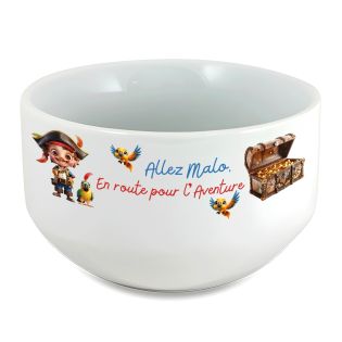 Bol petit-déjeuner enfant personnalisé prénom Pirate - Bol céramique blanche - 600 ml. Compatible micro-ondes et lave-vaisselle