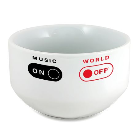 Bol petit déjeuner personnalisé céramique blanche - message humoristique Music On World Off - 600 ml. Compatible micro-ondes et 