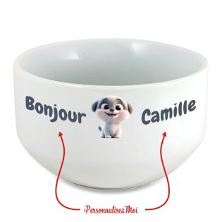 Bol petit déjeuner enfant personnalisé céramique blanche - Chiot - 600 ml. Compatible micro-ondes et lave-vaisselle