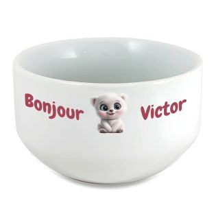 Bol petit déjeuner enfant personnalisé céramique blanche - Ourson - 600 ml. Compatible micro-ondes et lave-vaisselle