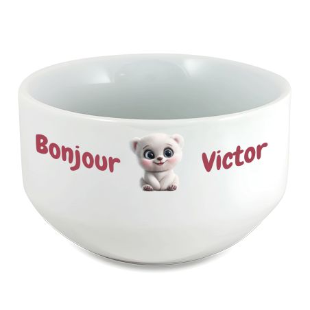 Bol petit déjeuner enfant personnalisé céramique blanche - Ourson - 600 ml. Compatible micro-ondes et lave-vaisselle