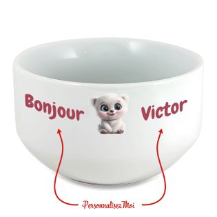 Bol petit déjeuner enfant personnalisé céramique blanche - Ourson - 600 ml. Compatible micro-ondes et lave-vaisselle