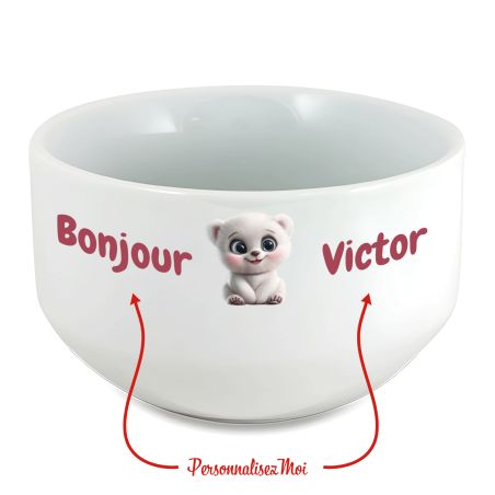 Bol petit déjeuner enfant personnalisé céramique blanche - Ourson - 600 ml. Compatible micro-ondes et lave-vaisselle