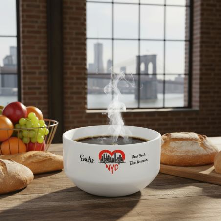 Bol petit déjeuner personnalisable Ville : New York dans le coeur - Bol céramique blanc - 600 ml. Compatible micro-ondes et lave