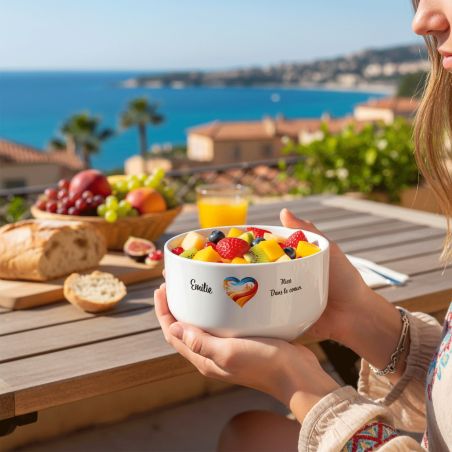 Bol petit déjeuner personnalisable Ville : Nice dans le coeur - Bol céramique blanc - 600 ml. Compatible micro-ondes et lave-vai