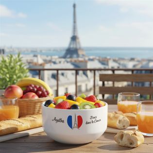 Bol petit déjeuner personnalisable Ville : Paris dans le coeur - Bol céramique blanc - 600 ml. Compatible micro-ondes et lave-va