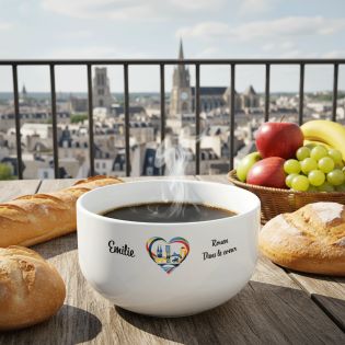 Bol petit déjeuner personnalisable Ville : Rouen dans le coeur - Bol céramique blanc - 600 ml. Compatible micro-ondes et lave-va