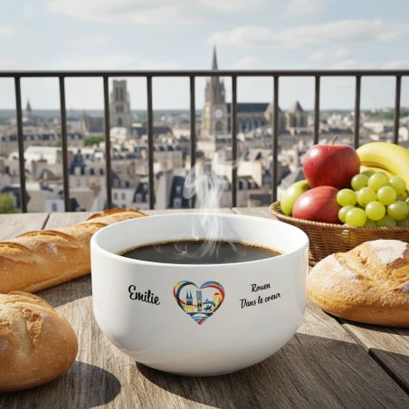 Bol petit déjeuner personnalisable Ville : Rouen dans le coeur - Bol céramique blanc - 600 ml. Compatible micro-ondes et lave-va