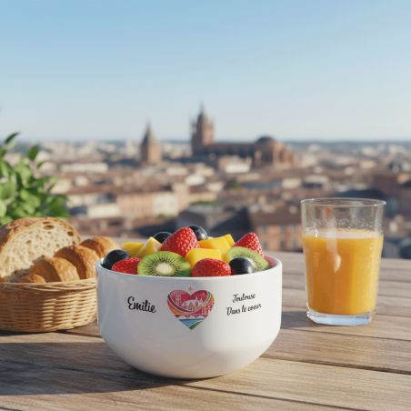 Bol petit déjeuner personnalisable Ville : Toulouse dans le coeur - Bol céramique blanc - 600 ml. Compatible micro-ondes et lave