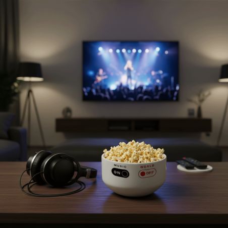 Bol petit déjeuner céramique blanche - message humoristique Music On World Off - 600 ml. Compatible micro-ondes et lave-vaissell