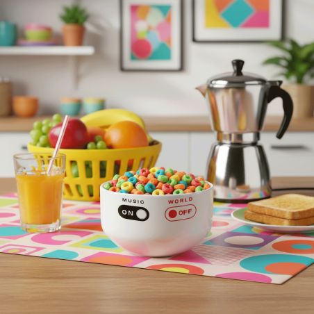 Bol petit déjeuner céramique blanche - message humoristique Music On World Off - 600 ml. Compatible micro-ondes et lave-vaissell