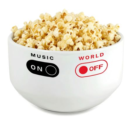 Bol petit déjeuner céramique blanche - message humoristique Music On World Off - 600 ml. Compatible micro-ondes et lave-vaissell