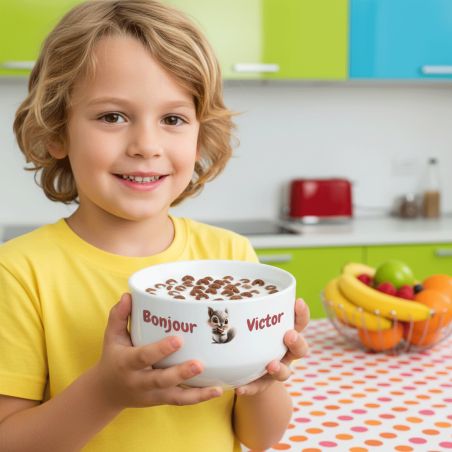 Bol petit déjeuner enfant personnalisé céramique blanche - Ecureuil - 600 ml. Compatible micro-ondes et lave-vaisselle