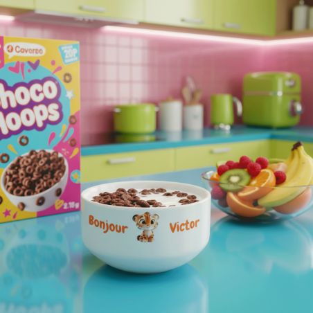 Bol petit déjeuner enfant personnalisé céramique blanche - Tigre - 600 ml. Compatible micro-ondes et lave-vaisselle