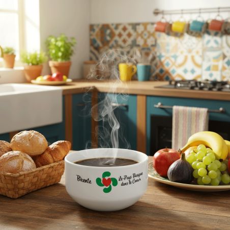 Bol petit déjeuner personnalisable Région : Le pays Basque dans le coeur - Bol céramique blanc - 600 ml. Compatible micro-ondes 