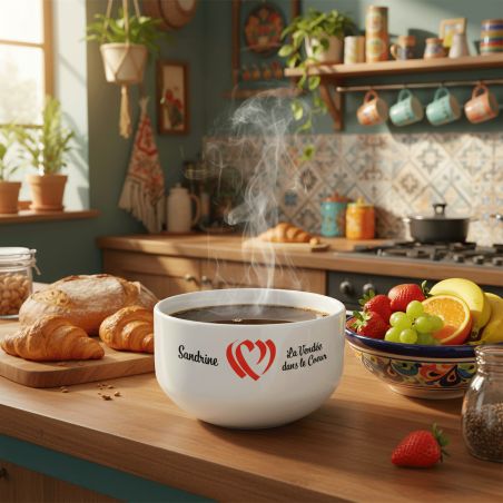 Bol petit déjeuner personnalisable Région : La Vendée dans le coeur - Bol céramique blanc - 600 ml. Compatible micro-ondes et la