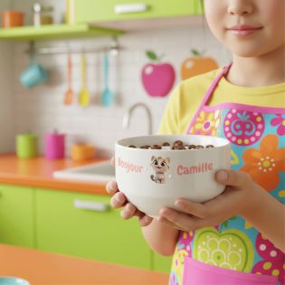Bol petit déjeuner enfant personnalisé céramique blanche - Chaton mignon - 600 ml, compatible micro-ondes et lave-vaisselle