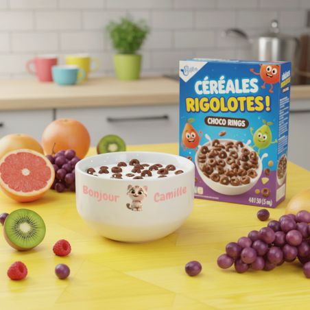 Bol petit déjeuner enfant personnalisé céramique blanche - Chaton mignon - 600 ml, compatible micro-ondes et lave-vaisselle