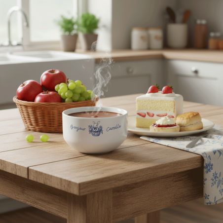 Bol petit déjeuner enfant personnalisé céramique blanche - Lapin Bleu - 600 ml, compatible micro-ondes et lave-vaisselle
