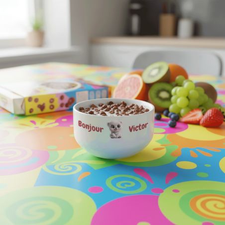 Bol petit déjeuner enfant personnalisé céramique blanche - Ourson souriant - 600 ml, compatible micro-ondes et lave-vaisselle