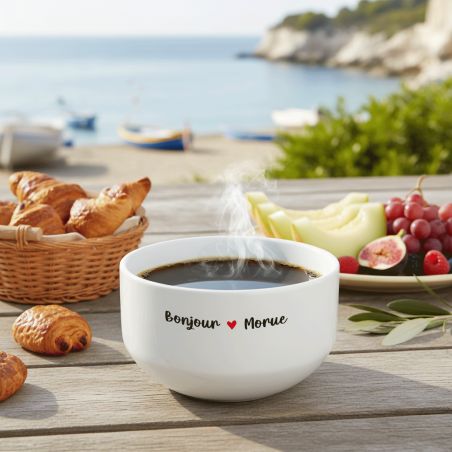 Bol petit déjeuner humoristique Bonjour Morue - Bol céramique blanc brillant - 600 ml, micro-ondes et lave-vaisselle compatibles