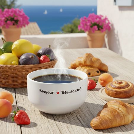 Bol petit déjeuner humoristique en céramique blanche - Message drôle Bonjour Tête de Cul - 600 ml, micro-ondes et lave-vaisselle