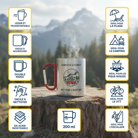 Tasse à café inox double paroi - Mug inox avec mousqueton - 20 cl, personnalisable texte, photo, logo - robuste, légère, pratiqu