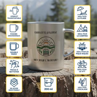 Tasse à café inox personnalisable - Mug double paroi métal - 20 cl, résistante, légère, idéale randonnée et usage quotidien