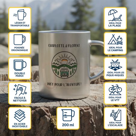 Tasse à café inox personnalisable - Mug double paroi métal - 20 cl, résistante, légère, idéale randonnée et usage quotidien