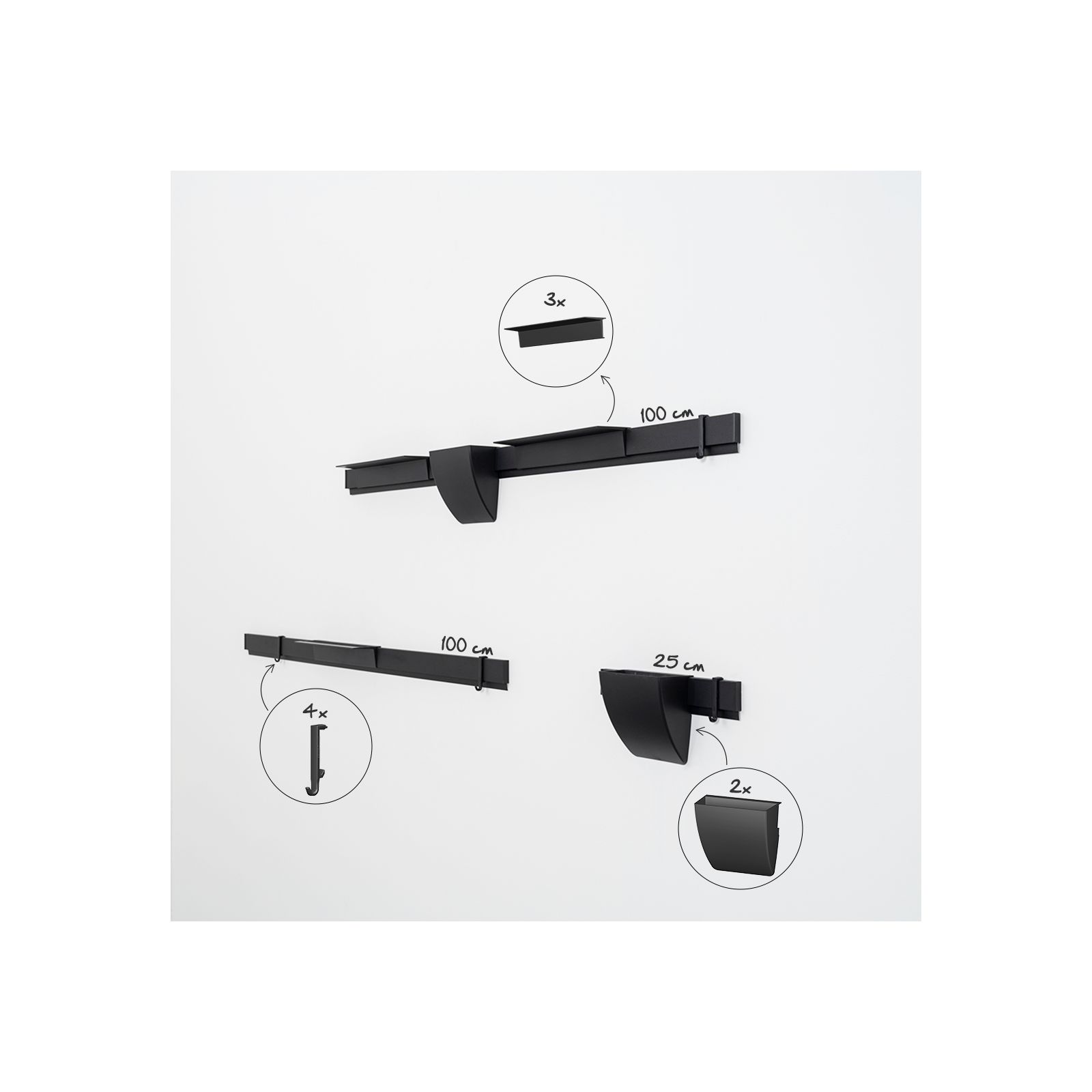 Info Rail Variation Set noir Artiteq – Kit mural avec rails, tablettes et rangement