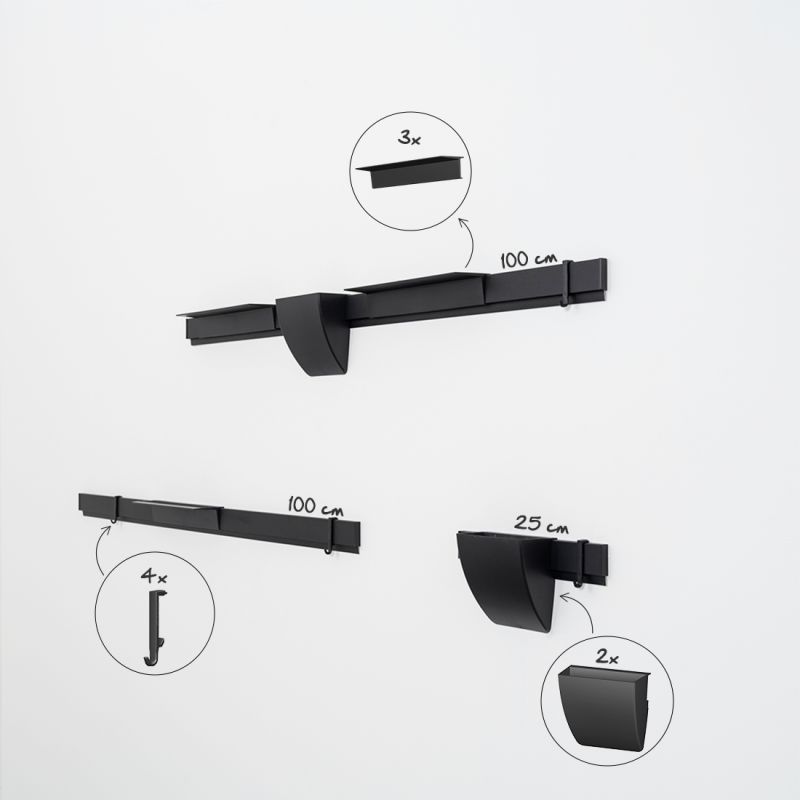 Info Rail Variation Set noir Artiteq – Kit mural avec rails, tablettes et rangement