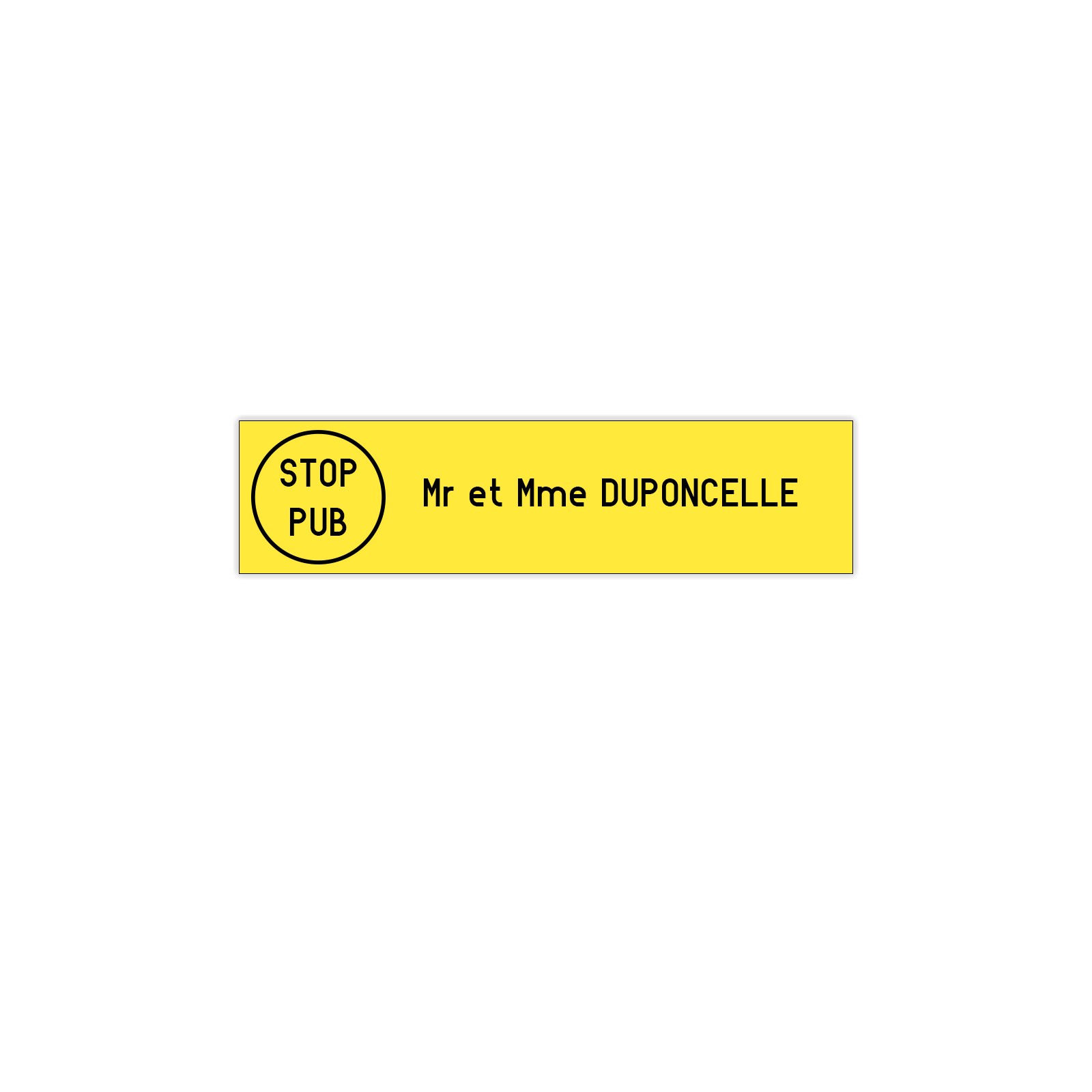 Plaque boite aux lettres Edelen STOP PUB (99x24mm) jaune lettres noires - 1 ligne