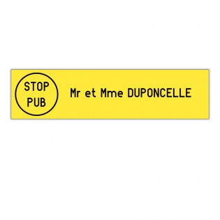 Plaque boite aux lettres Edelen STOP PUB (99x24mm) jaune lettres noires - 1 ligne