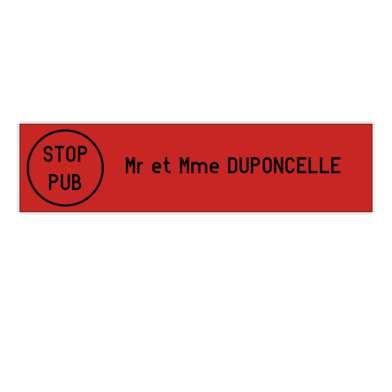 Plaque boite aux lettres Edelen STOP PUB (99x24mm) rouge lettres noires - 1 ligne