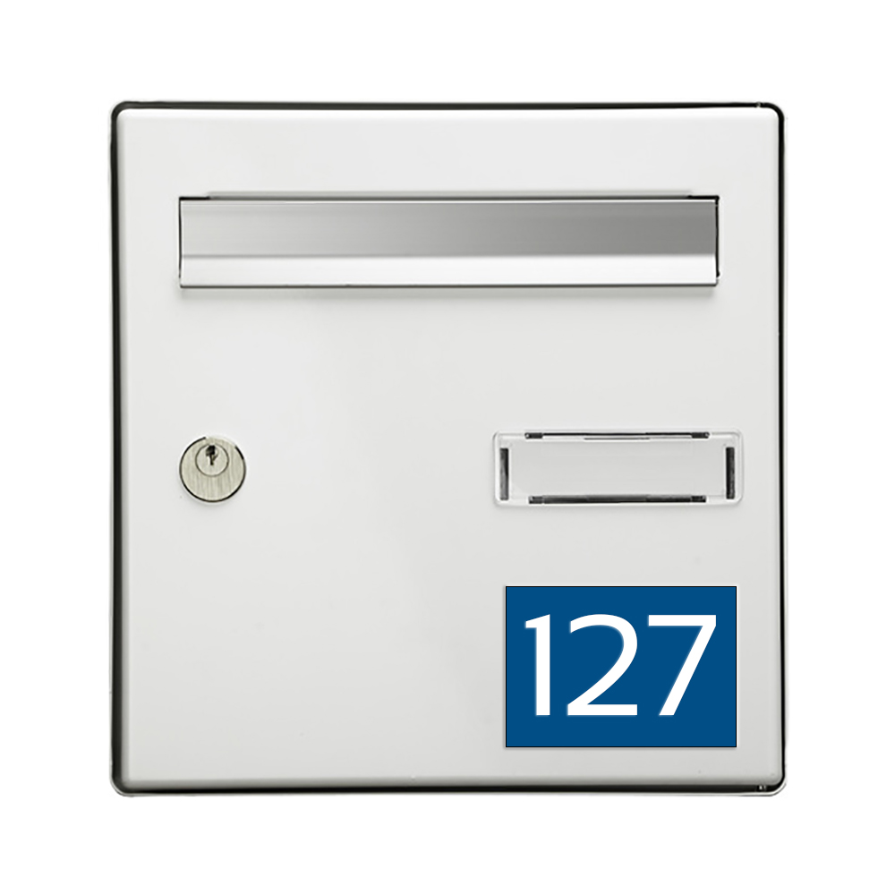 Numéro pour boite aux lettres personnalisable rectangle grand format (100x70mm) bleu chiffres blancs