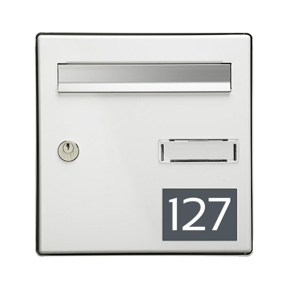 Numéro pour boite aux lettres personnalisable rectangle grand format (100x70mm) gris chiffres blancs
