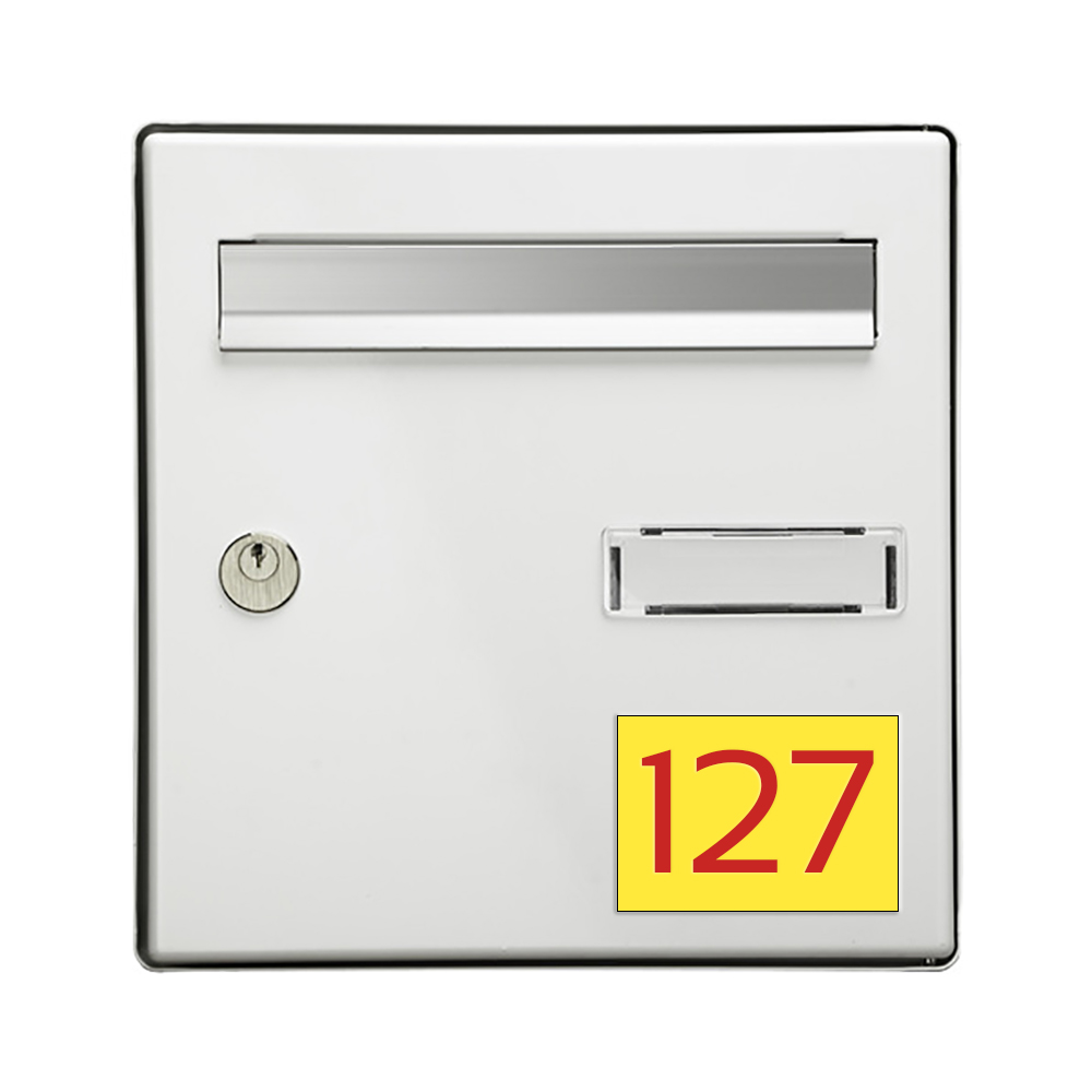 Numéro pour boite aux lettres personnalisable rectangle grand format (100x70mm) jaune chiffres rouges