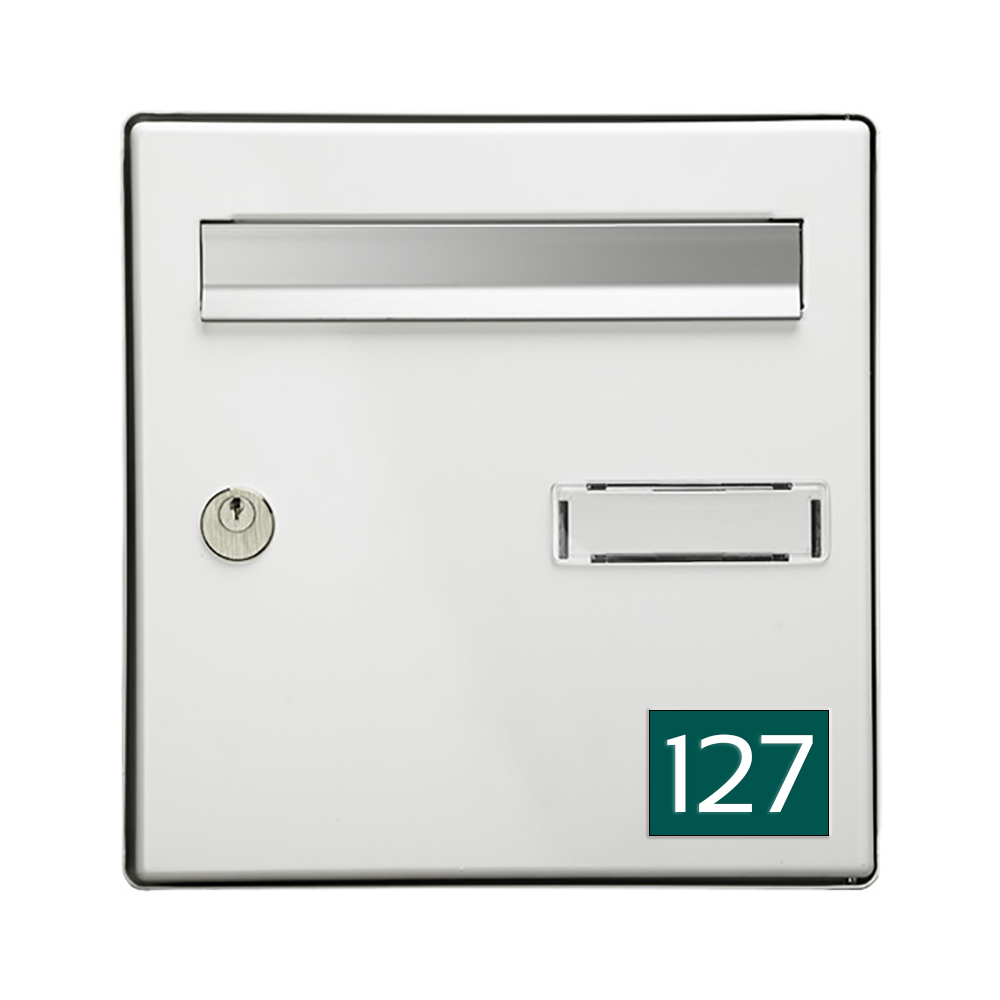 Numéro pour boite aux lettres personnalisable rectangle format médium (70x50mm) vert foncé chiffres blancs