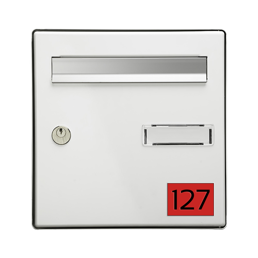 Numéro pour boite aux lettres personnalisable rectangle format médium (70x50mm) rouge chiffres noirs