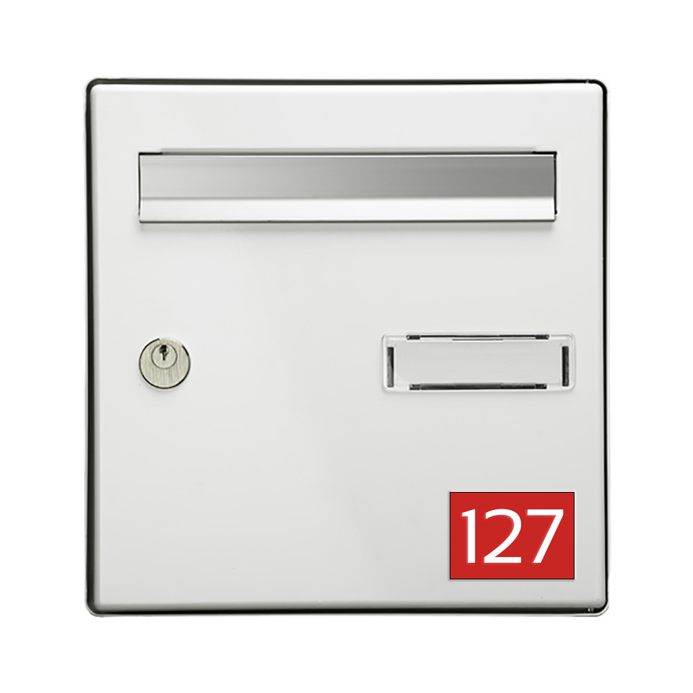 Numéro pour boite aux lettres personnalisable rectangle format médium (70x50mm) rouge chiffres blancs