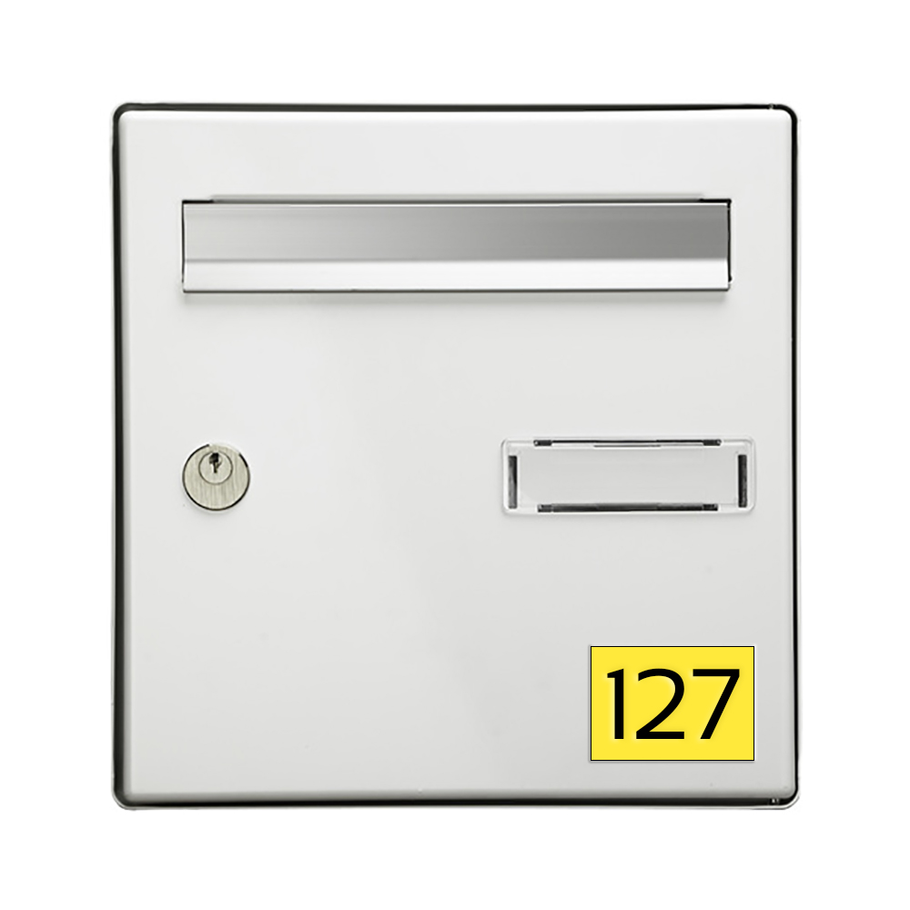 Numéro pour boite aux lettres personnalisable rectangle format médium (70x50mm) jaune chiffres noirs