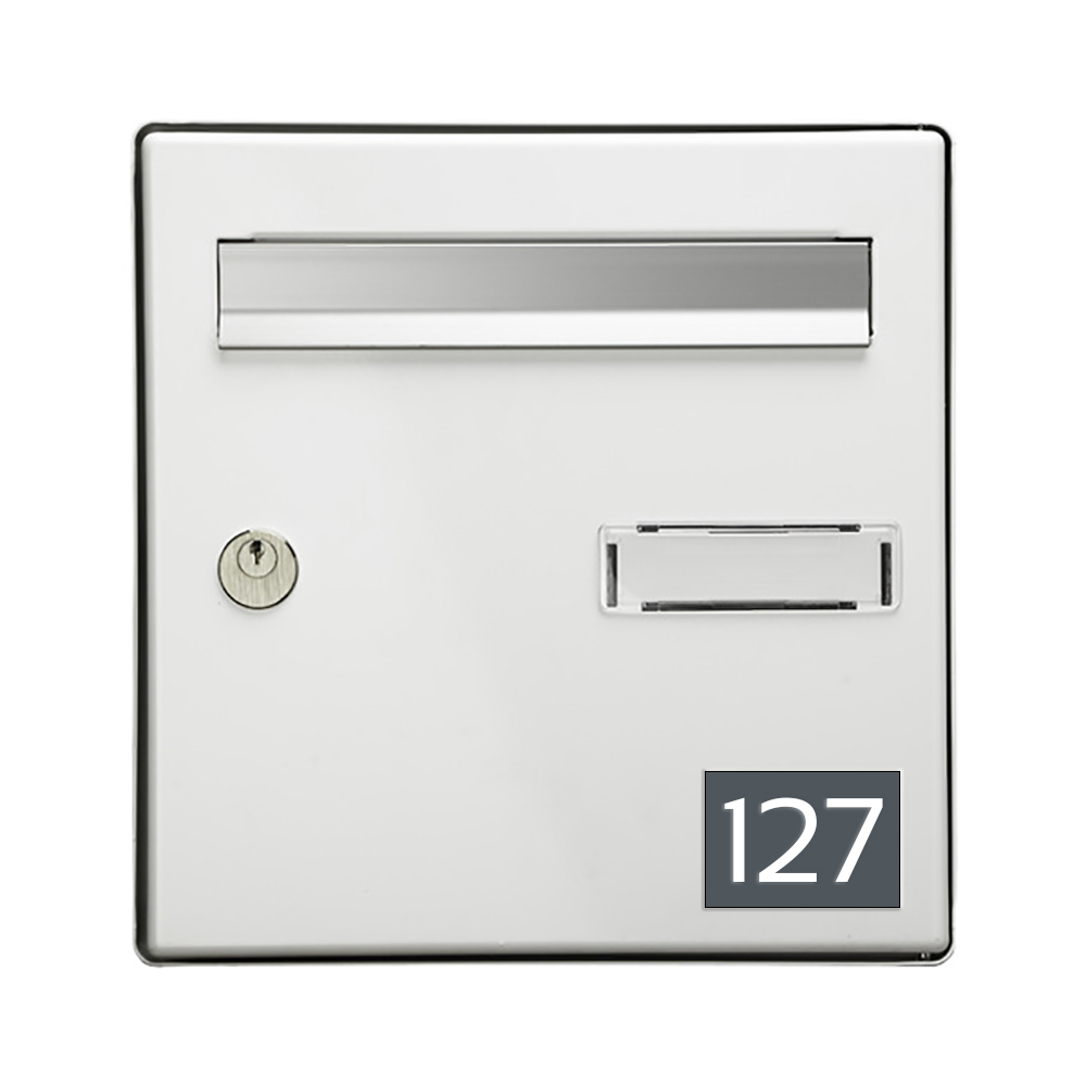 Numéro pour boite aux lettres personnalisable rectangle format médium (70x50mm) gris chiffres blancs